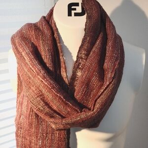 Eggplant colored cotton scarf with blue and green stripes. 19x64